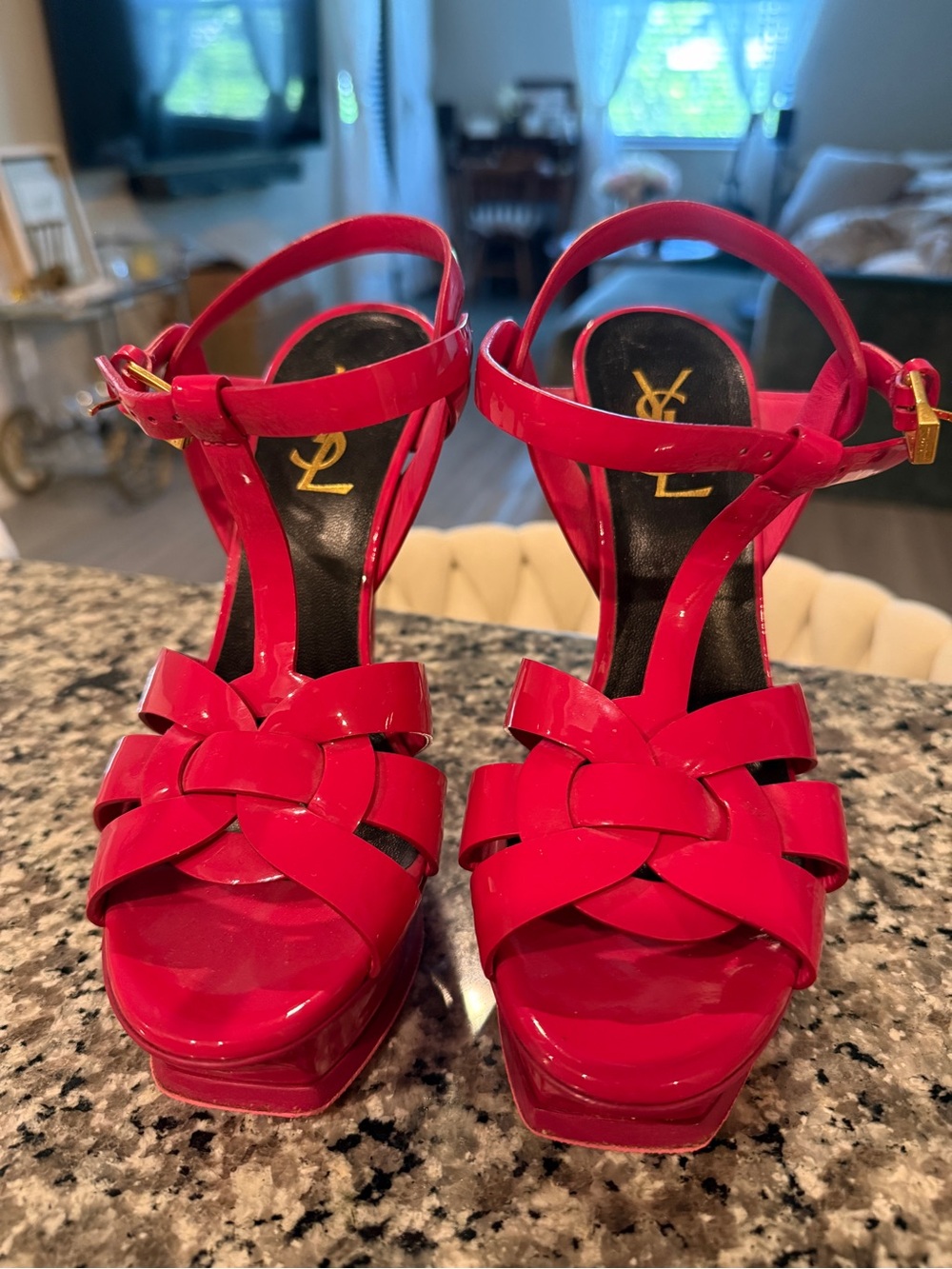 Yves Saint Laurent Red Patent Platform Sandals with Knot-Front